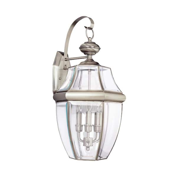 Generation Lighting Lancaster 3-Light Antique Brushed Nickel Outdoor 23 in. Wall Lantern Sconce with Dimmable Candelabra LED Bulb