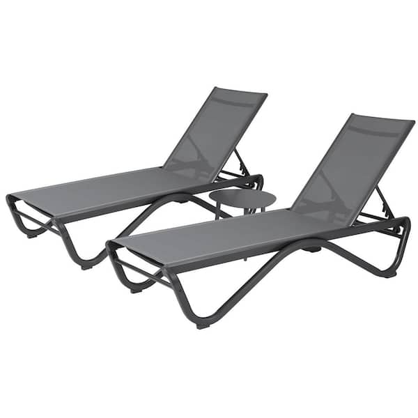Patio Chaise Lounge Chair Set Outdoor Adjustable Chair Flat Recline for Sunbathing Beach 2 Gray Textilence W/Table