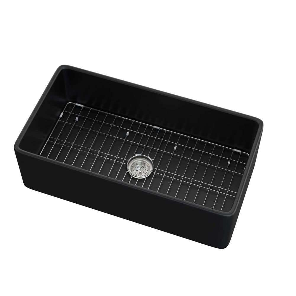 Ber 30 in. Apron Front Single Bowl Fireclay Farmhouse Kitchen Sink Black wi