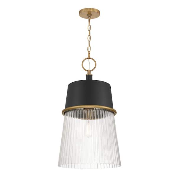 Stamford 60-Watt 1-Light Matte Black and Legacy Brass Bell Pendant Light with Clear Ribbed Glass Shade, No Bulb Included
