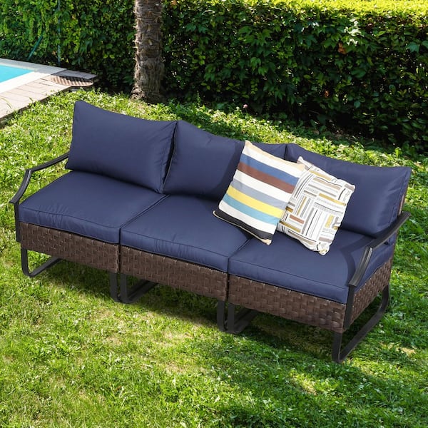 U-Leg Collection 3-Piece Wicker Outdoor Sofa Couch with Blue Cushions