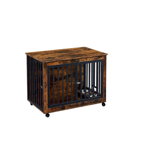 Foobrues Dog Crate Side Table With Feeding Bowl, Wheels, 3-Doors, Flip-Up Top Opening for Small to Medium Dog