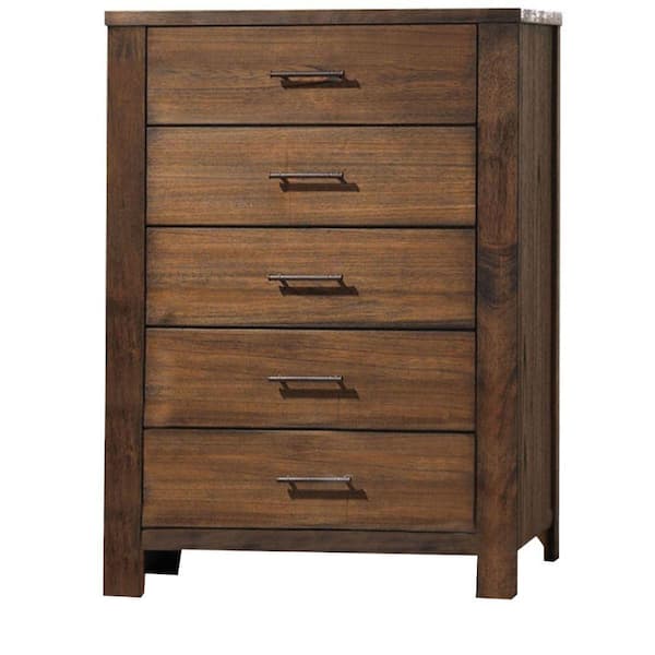 Benjara 34 in. Brown 5 Drawer Wooden Chest with Metal Bar Handles and Block Legs