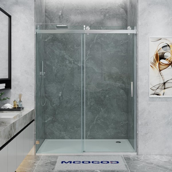 56-60.5 in. W x 76 in. H Single Sliding Frameless Soft Close Shower Door in Brushed Nickel with 3/8 in. Clear Glass
