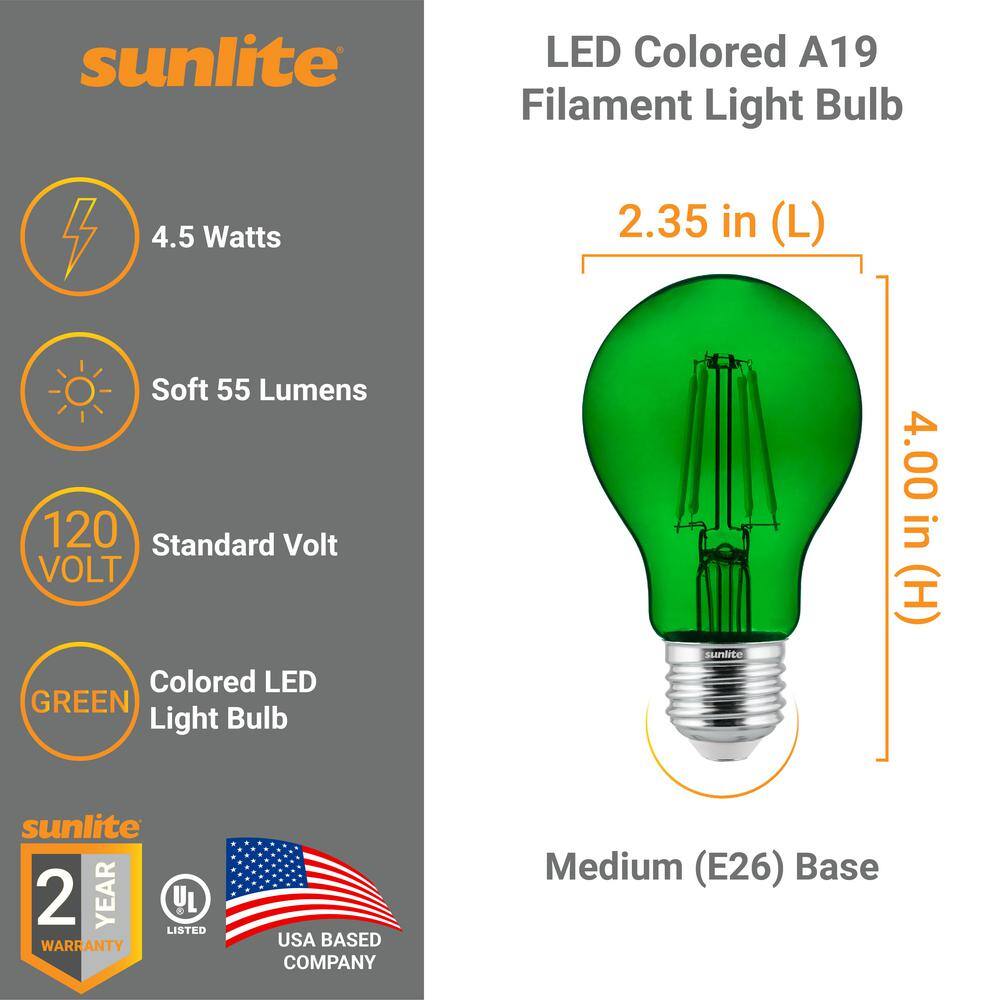 Green Dimmable A19 LED Filament Bulbs, Medium Base, 4.5 Watts