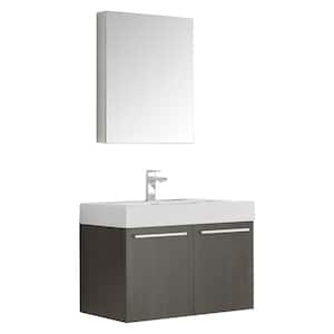 Vista 30 in. Vanity in Gray Oak with Acrylic Vanity Top in White with White Basin and Mirrored Medicine Cabinet