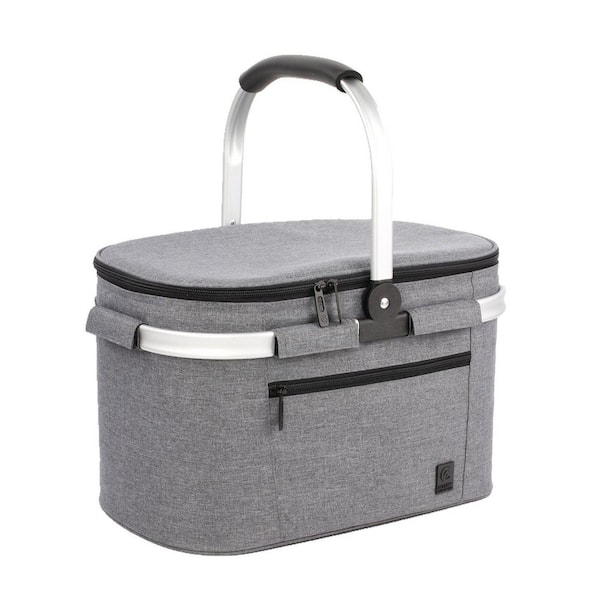 Numhew 15 in. Gray Portable Collapsible Polyester Picnic Basket, Leakproof Insulated Cooler Bag with Sewn