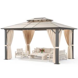 10 ft. x 13 ft. Hardtop Outdoor Double Roof Furniture Gazebo with Netting&Curtains for Backyard Wedding Garden