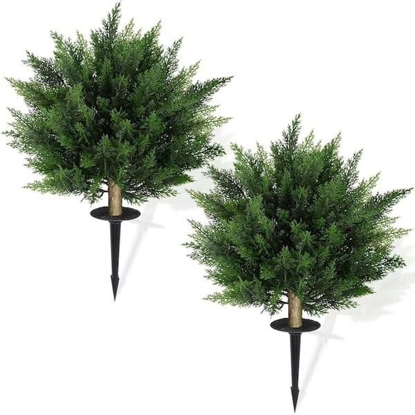 2-Set 2.36 ft. Artificial Green Tree 28.35 in. Fake Plants Outdoor Indoor Faux Boxwood Bush Plants with Ground Spike