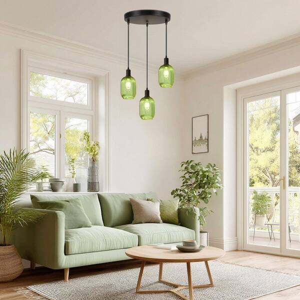 Rottogoon 59 in. Modern Green Glass Chandelier, 3-Light