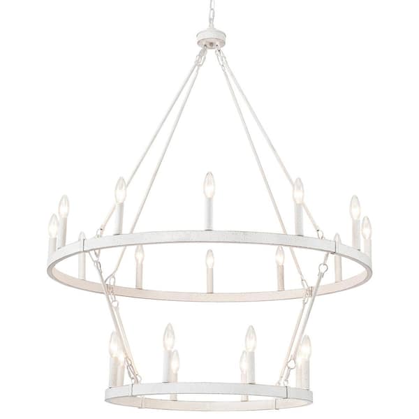 LWYTJO Wiam 40 in. 20 Light White 2-Tiers Candle Style Dimmable Farmhouse Wagon Wheel Chandelier for Entryway Living Room Foyer