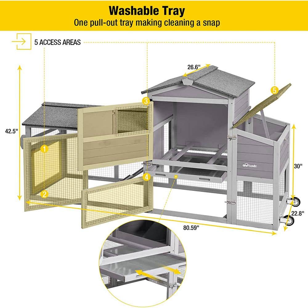 Gray and White Mobile Chicken Coop with Metal Wheels
