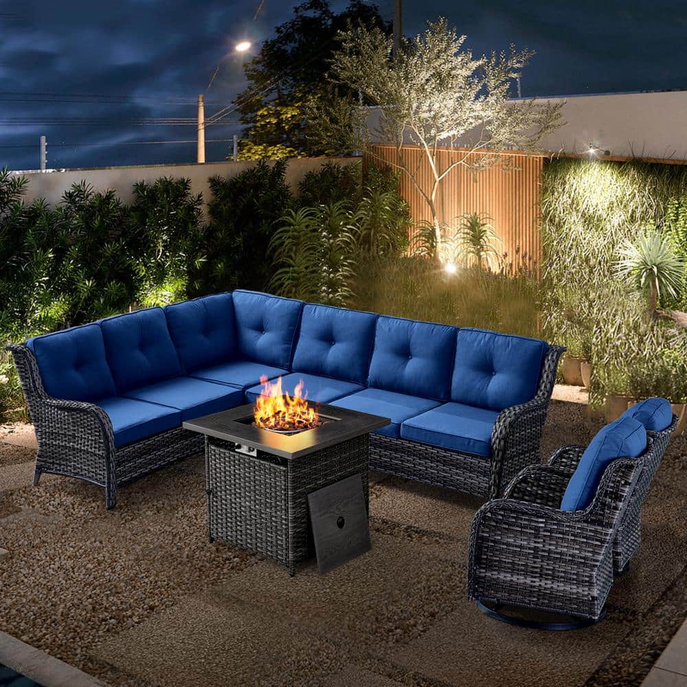 Gymojoy Carolina Gray 7Piece Wicker Patio Fire Pit Seating Set with