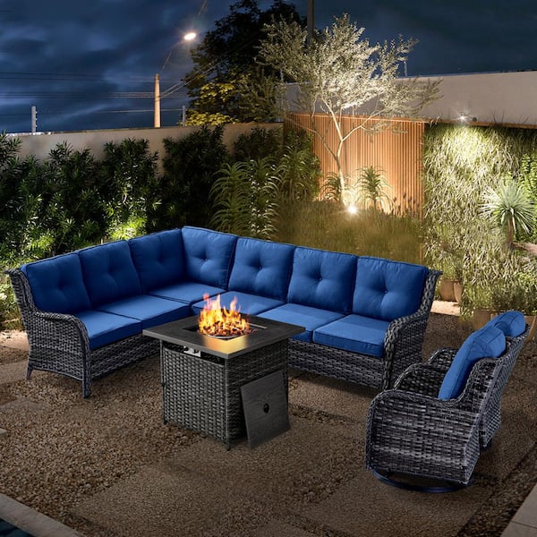 Gymojoy Carolina Gray 7-Piece Wicker Patio Fire Pit Seating Set with Blue Cushions