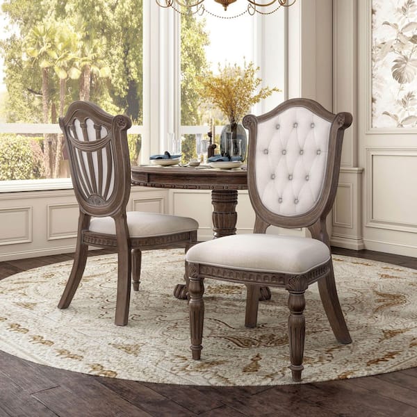 Furniture of America Banks Weathered Oak Fabric Upholstered Side Chairs with Sheraton Shield Back and Diamond Button Tufted (Set of 2)