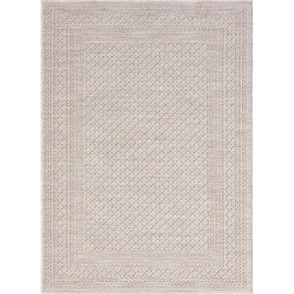 Unbranded Wyatt Ivory 5 ft. x 7 ft. Geometric Bordered High-Low Yarn Indoor/Outdoor Area Rug