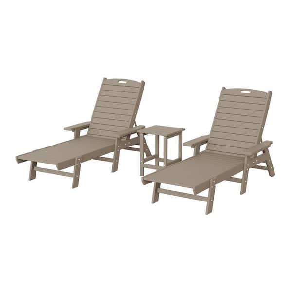Harlo 3-Piece Weathered Wood Fade Resistant HDPE Plastic Reclining Outdoor Patio Chaise Lounge Arm Chair and Table Set