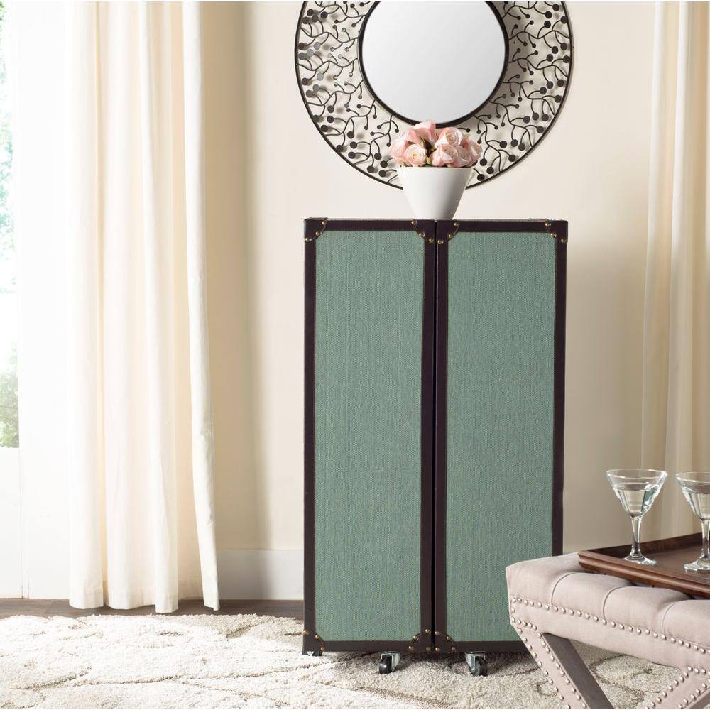 Sage Linen and Vegan Leather Industrial Beverage Cabinet