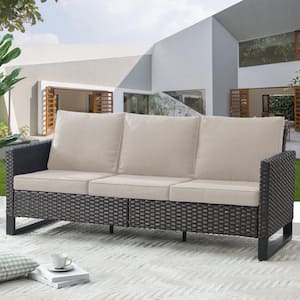 U-Shaped Foot Series 3-Seat Wicker Outdoor Patio Sofa Couch with Deep Seating and Cushions (Brown/Beige)