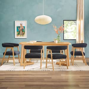 Modern 7-Piece Natural Rectangle Solid Wood Top Dining Room Set with Mix Material Black Upholstered Chairs, Seats 6