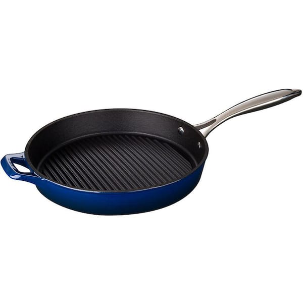 La Cuisine 12 in. Cast Iron Round Grill Pan with Blue Enamel