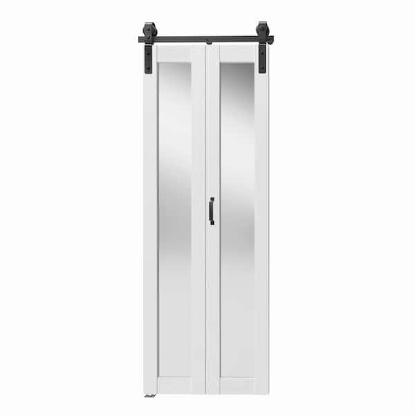 TENONER 24 in. x 84 in. White, Mirrored Glass, Full Lite, MDF, Bi-Fold Style Sliding Barn Door with Hardware Kit