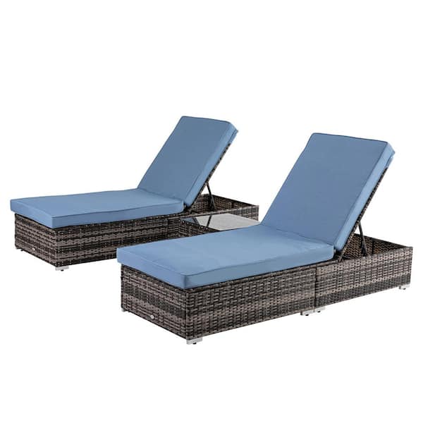 maocao hoom Brown 3-Piece Wicker Outdoor Chaise Lounge with Blue Cushions