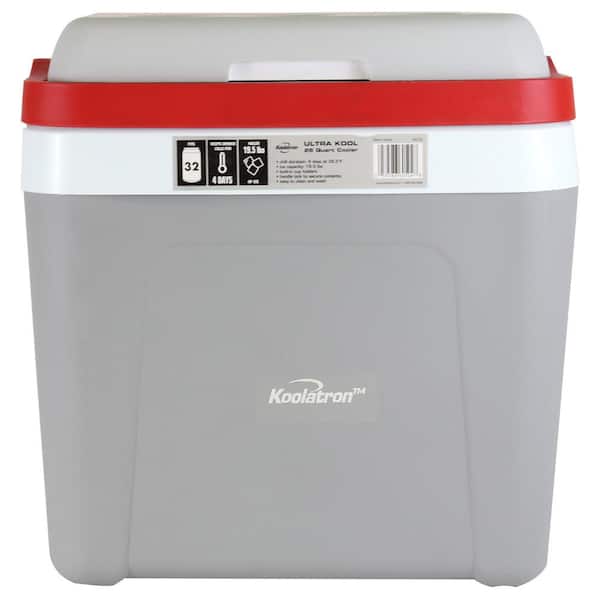 Koolatron Ice Chest Cooler with Locking Carry Handle, 25L (26 qt.), 32 Can Capacity, Gray and Red