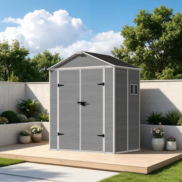 6 ft.x 4 ft. Resin Outdoor Storage Shed with Lockable Double Doors, Windows and Weather-Resistant Roof, Gray(24 Sq.ft.)