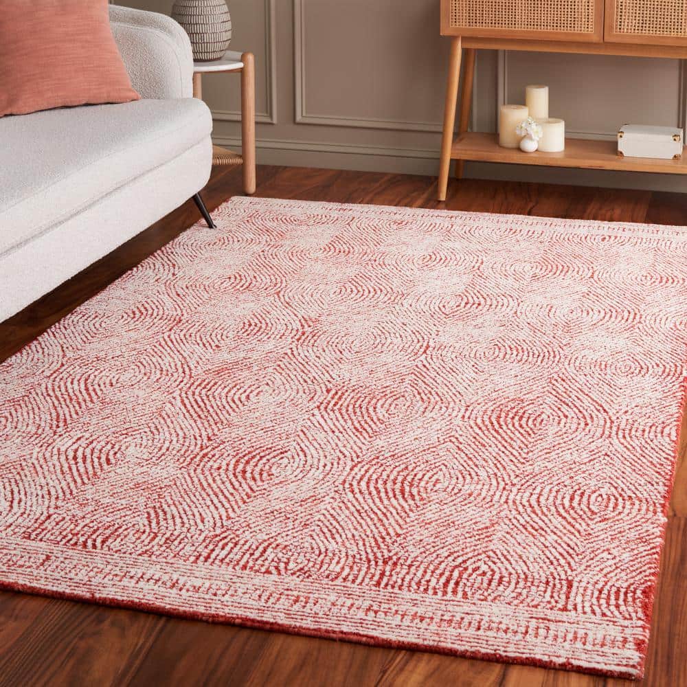 Ivory and Red Abstract Handmade Wool Area Rug, 8' x 10'