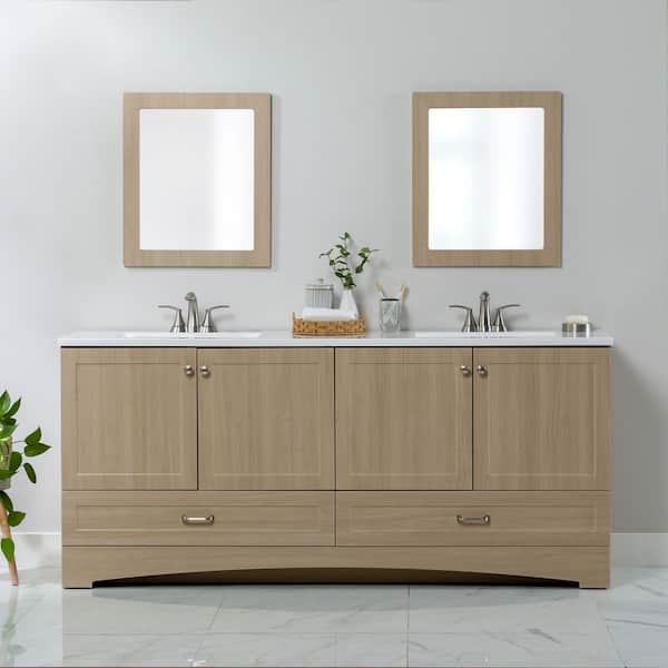Lancaster 73 in. Double Sink Beige Oak Bath Vanity with White Cultured Marble Top (Assembled)