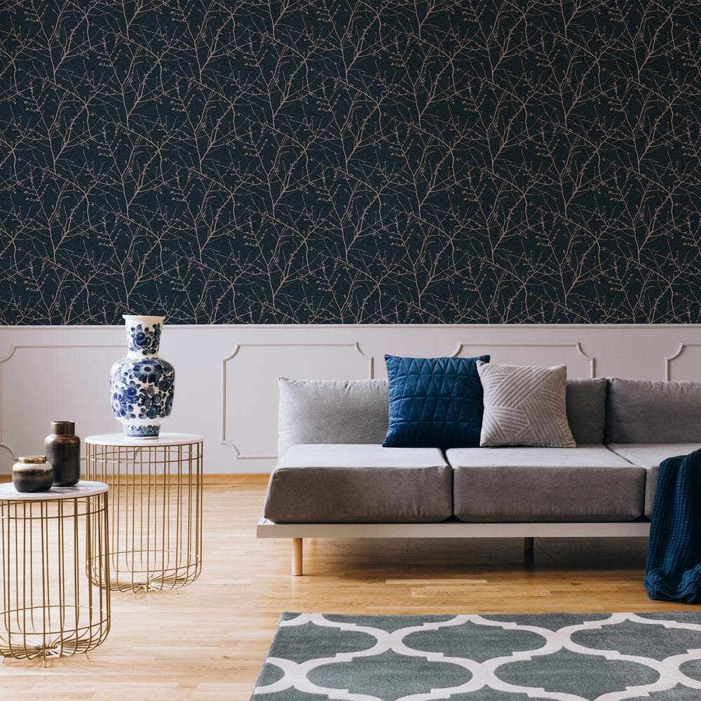 Navy and Copper Foil Floral Wallpaper