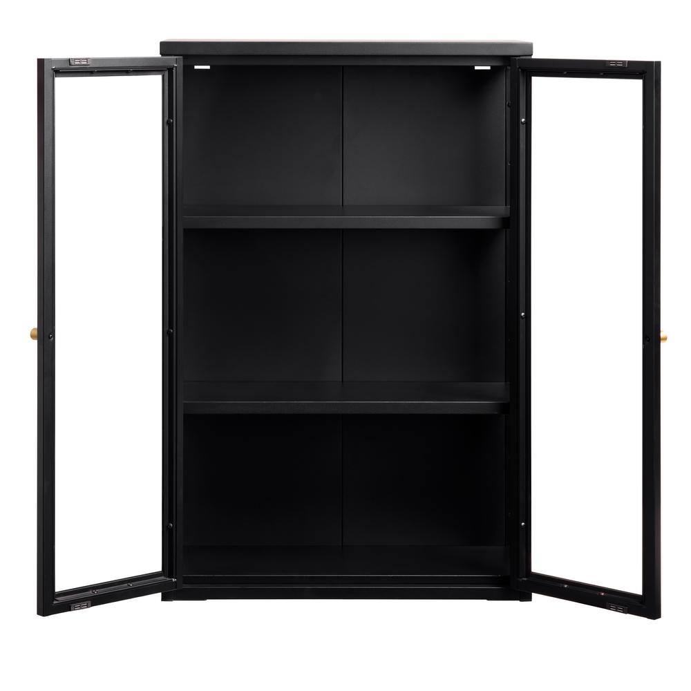 63-Inch Black Metal and Glass China Cabinet with Shelves