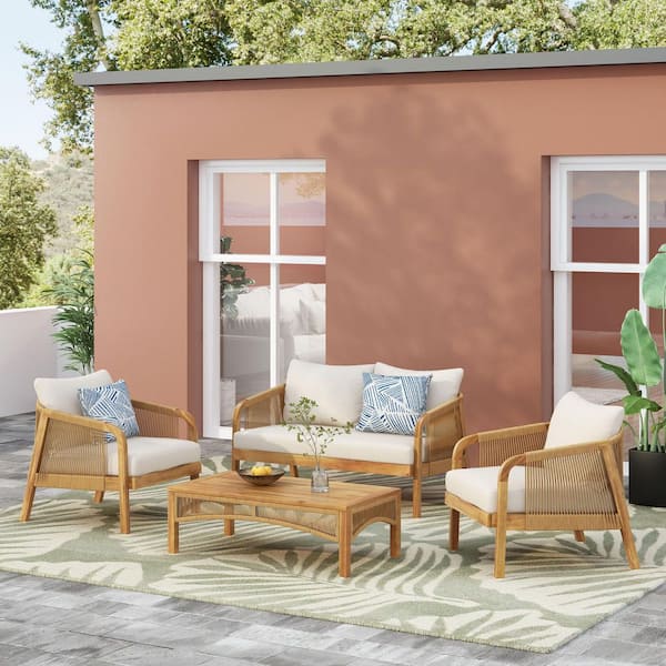4-Piece Acacia Wood Patio Conversation Set with Beige Cushions
