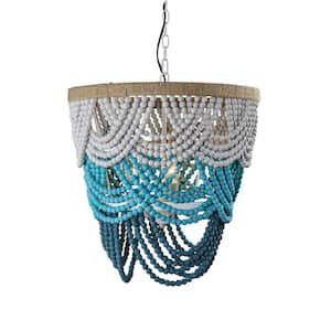 Modern 4-Light Jade Ombre Tiered Boho Chandelier with Wood Beads and Rope for Living Room, Dining Room