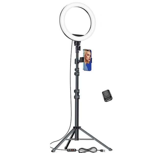 10.2 in. Black Ring Light with Adjustable 65 in. Tripod Stand Dimmable Modes Phone Holder Remote Control