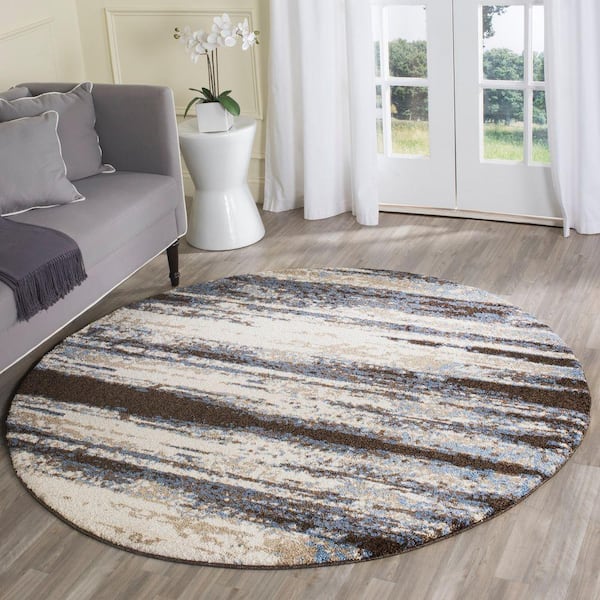 Retro Cream/Blue 8 ft. x 8 ft. Round Striped Area Rug