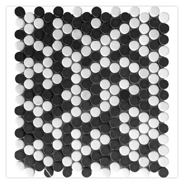 Noir Luxe 11 in. x 12 in. Tumbled Black, White Marble Mosaic Penny Round Wall and Floor Tile (4.83 sq. ft./case)-5 Pack