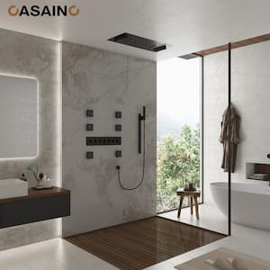 6-Spray Ceiling Mount Thermostatic Shower Systems 6-Functions with Fixed and Handheld Shower Head 2.5 GPM in Matte Black