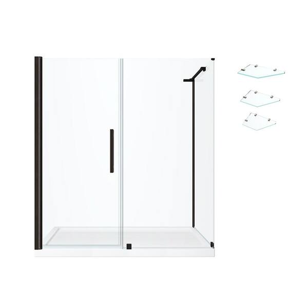 Pasadena 60 in. L x 32 in. W x 75 in. H Corner Shower Kit w/Pivot Frameless Shower Door in ORB w/Shelves and Shower Pan