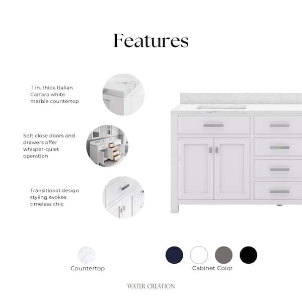 Madison 72 in. Vanity in Modern White with Marble Vanity Top in Carrara White