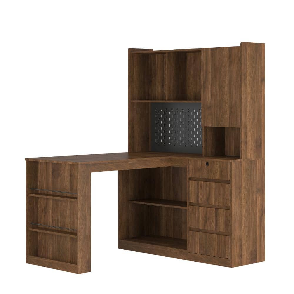 46 in. L-Shaped Brown1 Wood 4-Drawer Computer Desk with Open Shelves & Charging Station, Left Facing