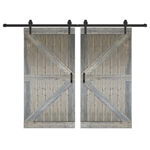 K Series 84 in. x 84 in. Aged Barrel Finished DIY Solid Wood Double Sliding Barn Door with Hardware Kit