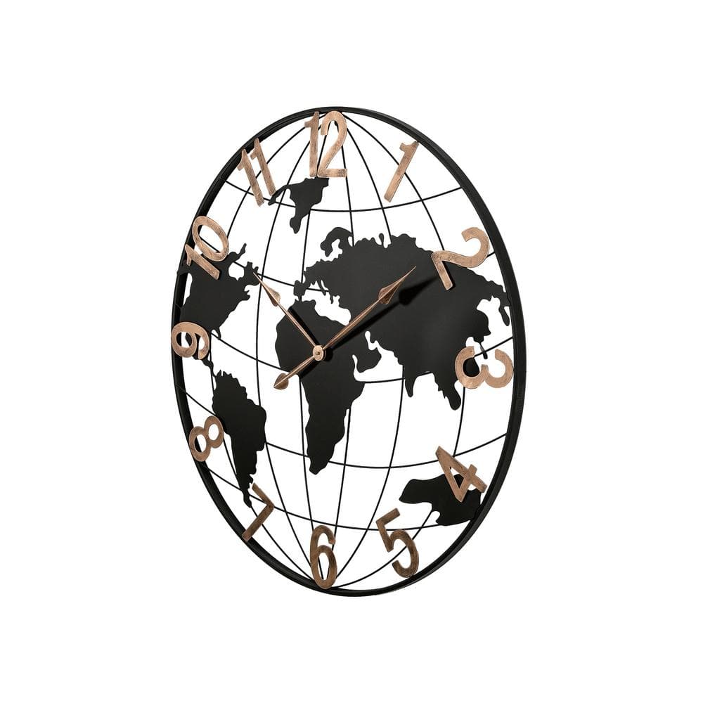 36 in. Large Gold Silent Metal World Map Wall Clock with Gold Pointers, Hom
