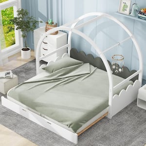 Extendable White and Gray Twin Size Wood Platform Bed with Vaulted Roof, Three-Sided Guardrail