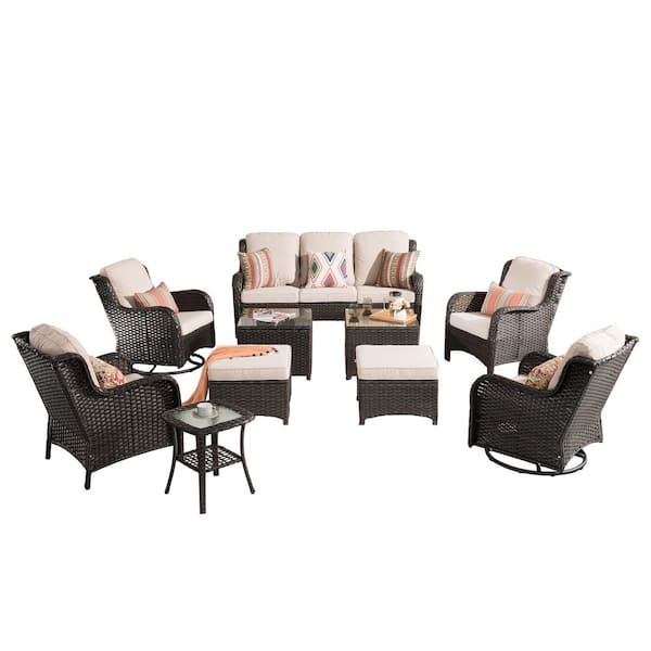 Joyoung Brown 10-Piece Wicker Swivel Outdoor Patio Conversation Seating Set with Beige Cushions