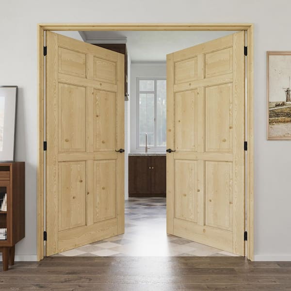 72 in. x 80 in. 6-Panel Universal Solid Core Unfinished Pine Wood Double Prehung Interior Door with Quick Assemble Jamb