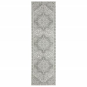 2' X 8' Grey And White Oriental Power Loom Stain Resistant Runner Rug
