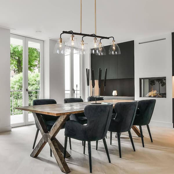 28 in. 6-Light Modern Black Island Chandelier, Bell Clear Glass Pendant Light, Farmhouse Brass Light Fixture for Kitchen