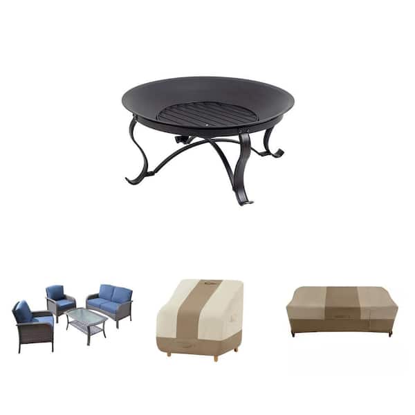 29.33 in. Fire Pit, Denali Gray 4-Piece Seating Set with Cushions, and Patio Chair/Loveseat Sofa Cover Combo